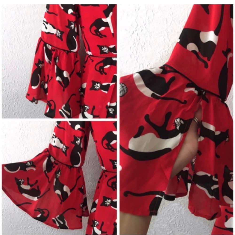 Rare Farm Rio Cat & Yarn Mini Dress Red Statement Print Resort Chic | Size  S - Picture 6 of 7